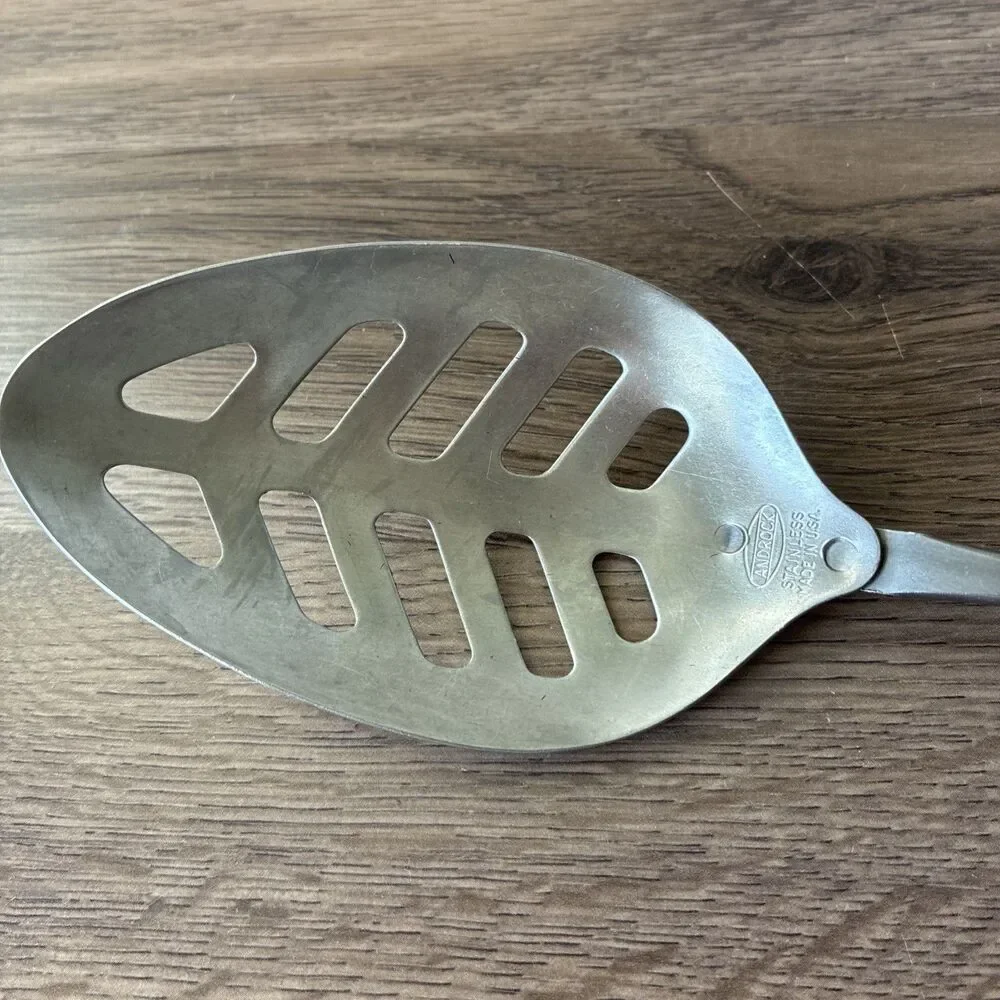 Vtg Androck Slotted Serving Spoon, Catalin Bullet Handle Stainless, USA, 1930s
